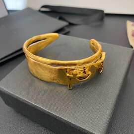 欧美黄铜镀金双层百搭小众立体字母简约时尚纹理vintage手镯手环