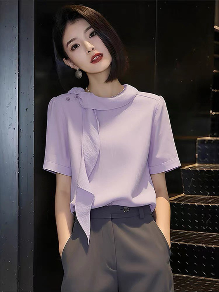Áo sơ mi ngắn tay nữ phong cách thanh lịch, tay lụa, màu tím — màu tím