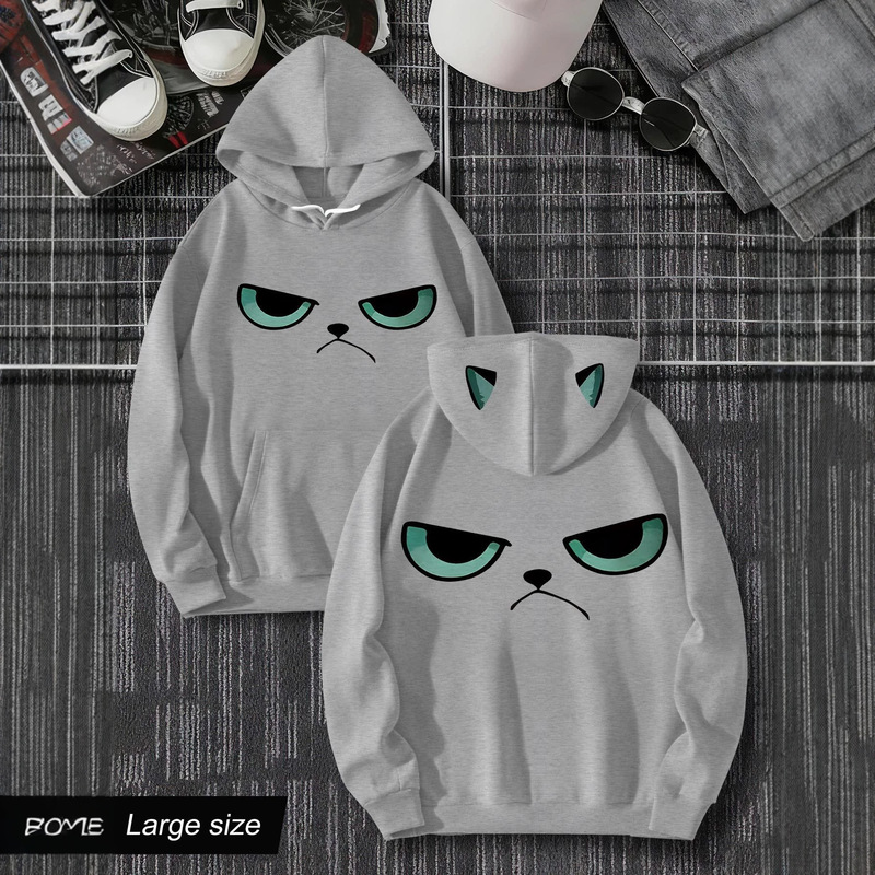 Green-eyed angry cat print hoodie with 3D cat ears, quirky loose casual top Green-eyed angry cat print hoodie with 3D cat ears, quirky loose casual top