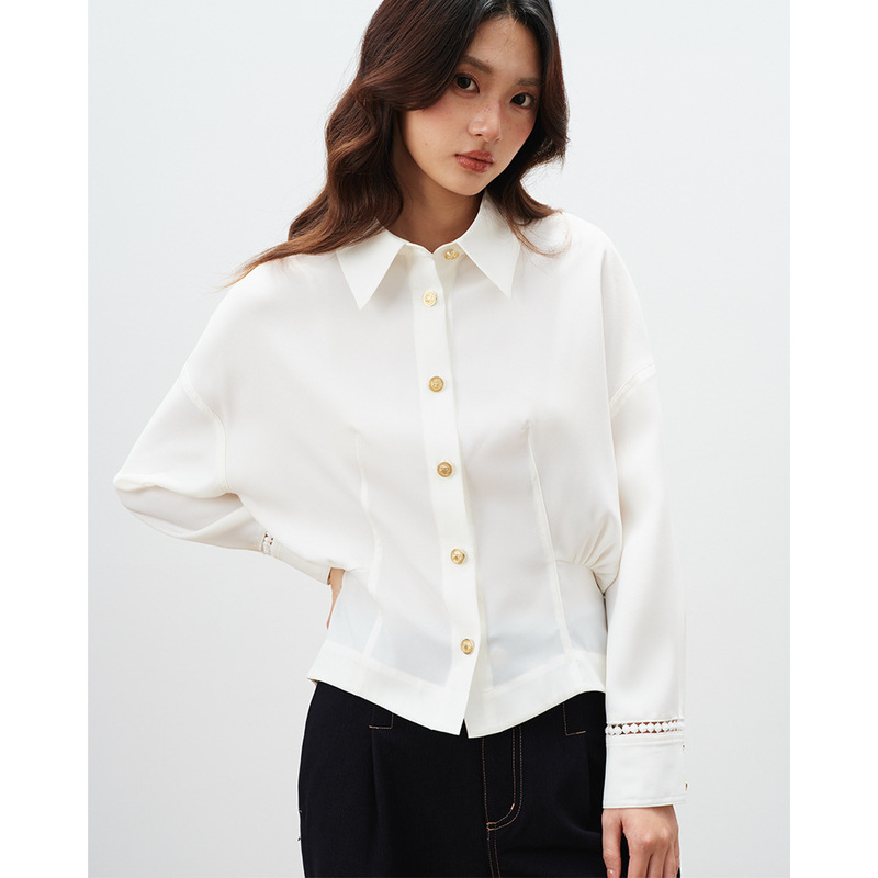 【Shengdu】26 Autumn New 'Minimalism' Off-Shoulder Waist-Cinching Elegant Commuting Style Pleated White Shirt