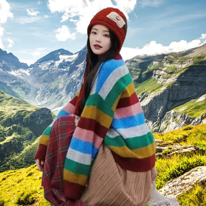 感多巴胺费尔岛圆领撞色彩虹条纹毛衣女秋新款宽松针织衫上衣|undefined