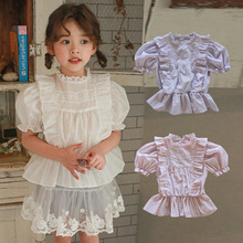 儿童纯棉短袖娃娃衫夏装女宝宝花边衬衣3-10岁女童甜美公主上衣