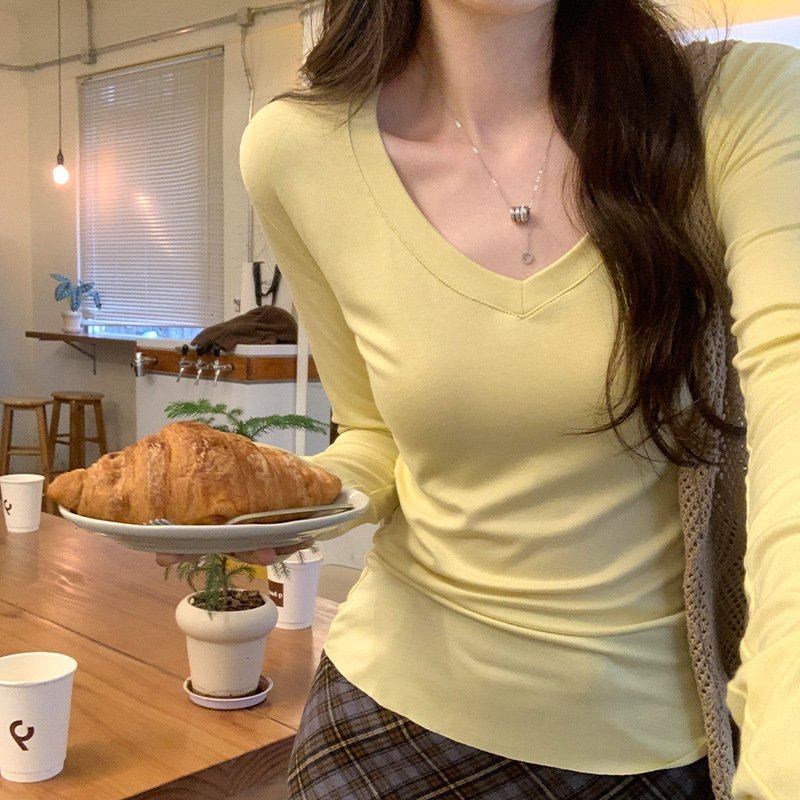 Real Photos V-Neck Elastic Loose Slimming Solid Color Base Shirt for Women Spring 2026 New Long-Sleeve T-Shirt Top