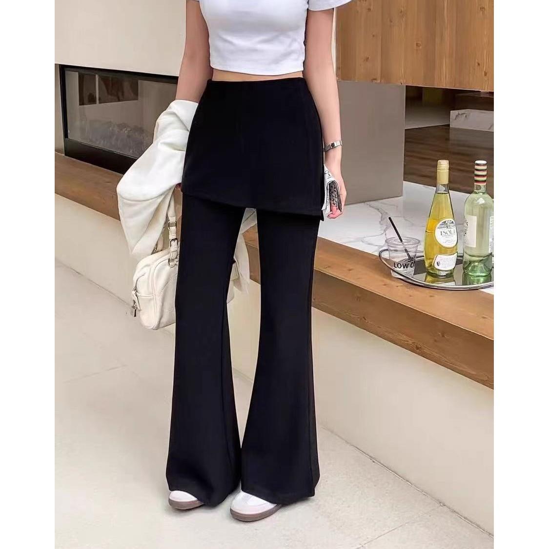 Black Faux Two-Piece Flared Pants for Women, 2025 Winter New Korean Style Layered Patchwork Slimming Casual Skirt Pants