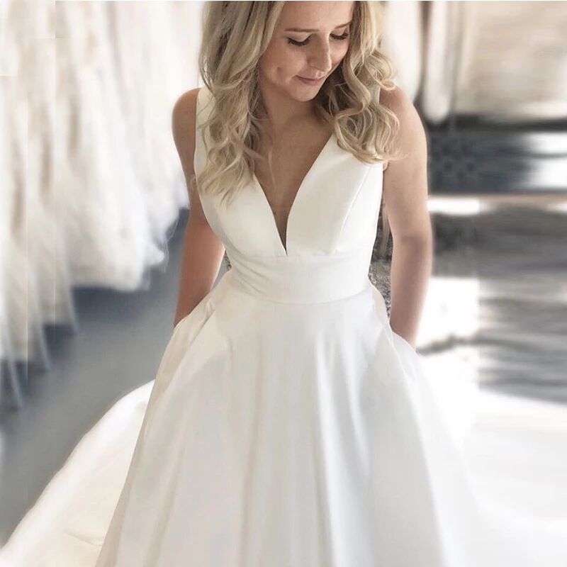 Comercio exterior europeo y americano Amazon AliExpress deseo nuevo elegante vestido de novia con cuello en V sin mangas satén cola soporte personalización image 1