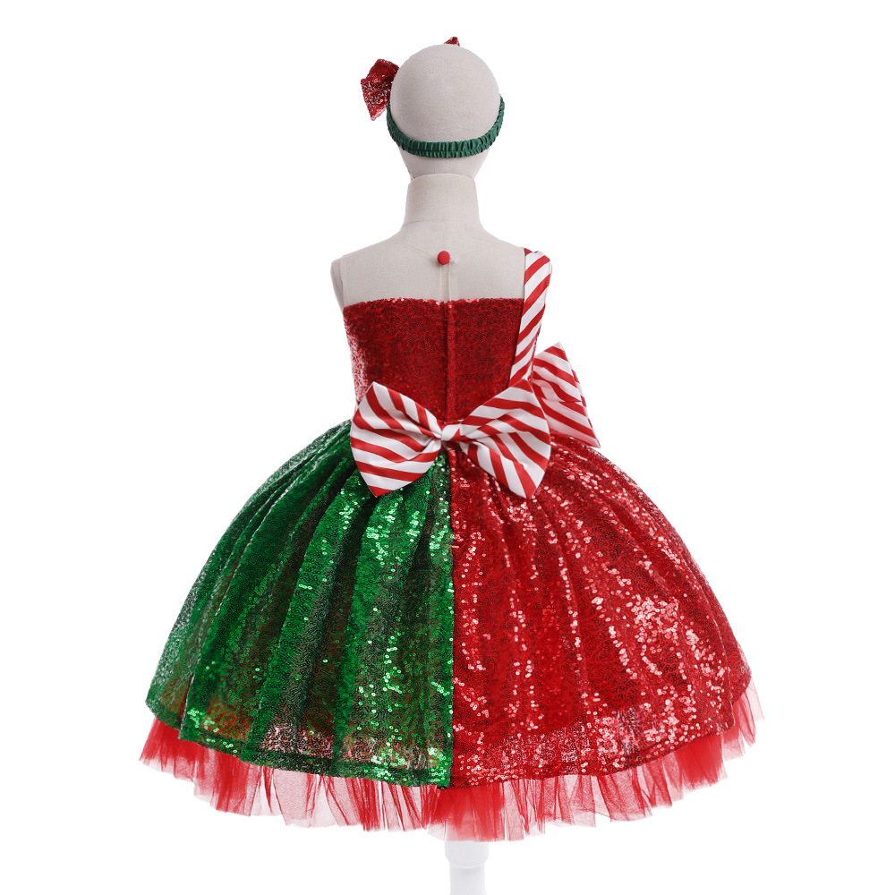 Amazon nuevo vestido de Navidad para niños con lentejuelas rojo y verde color a juego arco princesa vestido Festival traje de los niños