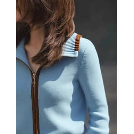 长袖翻领拉链纯色蓝色上衣女2025秋冬简约宽松休闲时尚超好看开衫