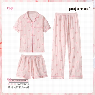 韩版蝴蝶结睡衣女夏天甜美条纹短袖三件套春夏新款家居服实拍批发