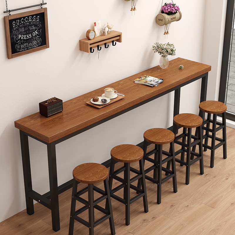 Bar Table Solid Wood Long Table Home Wall Narrow Table Bar Table Catering Milk Tea Shop Commercial High Table and Chairs