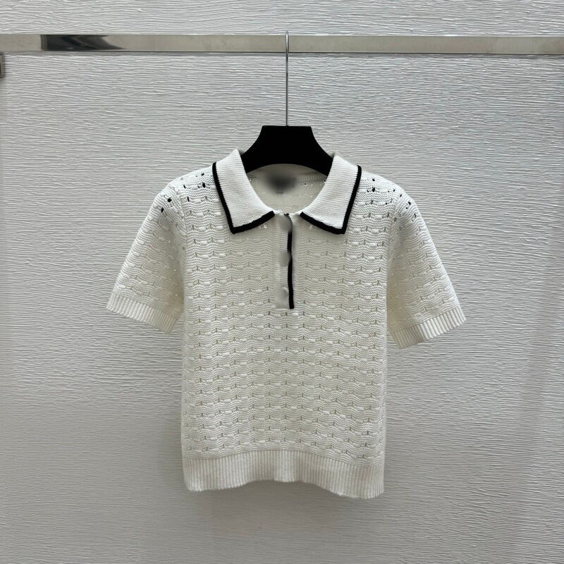 Shenzhen Nanyou High-Quality Version Ch Brand 26 Spring/Summer New Contrast Color Lapel Hollow Knit Short Sleeve White Wool