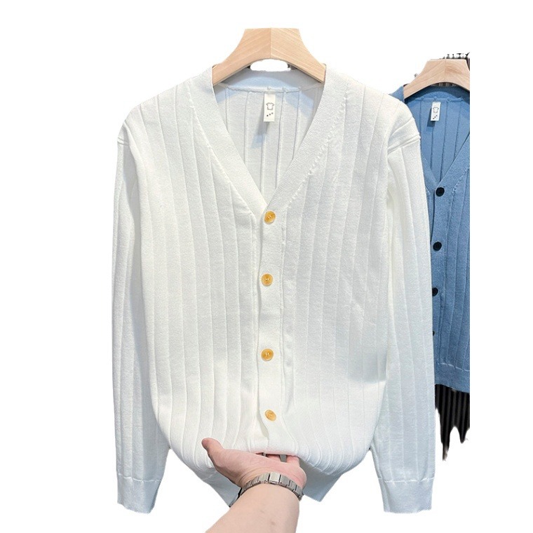 Slim fit new cardigan button up men's knitted sweater long sleeved fashionable jacket simple striped V-neck sweater small jacket_voghion.com