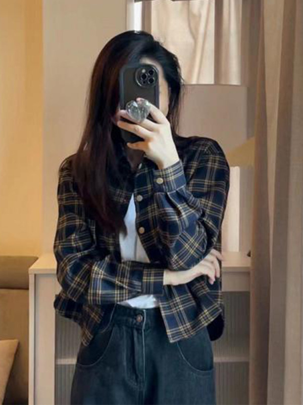 磨毛格子衬衫女短款外套春秋2025新款长袖上衣小个子开衫衬衣|undefined
