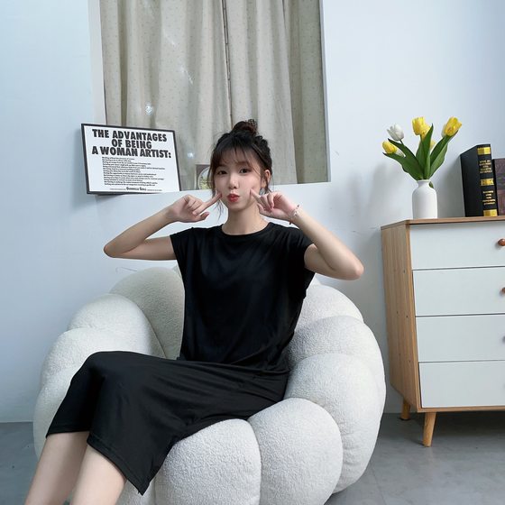 Summer Sleeveless Belly Covering Age-reducing All-match Mid-length Split dress Solid Color Casual Loose Vest Nightdress for Women