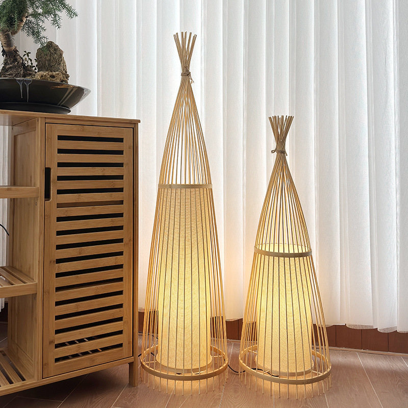 New Chinese Style B&B Bamboo Floor Lamp Living Room Zen Tea Room Retro Bedroom Antique Creative Table Lamp Rattan Lamp