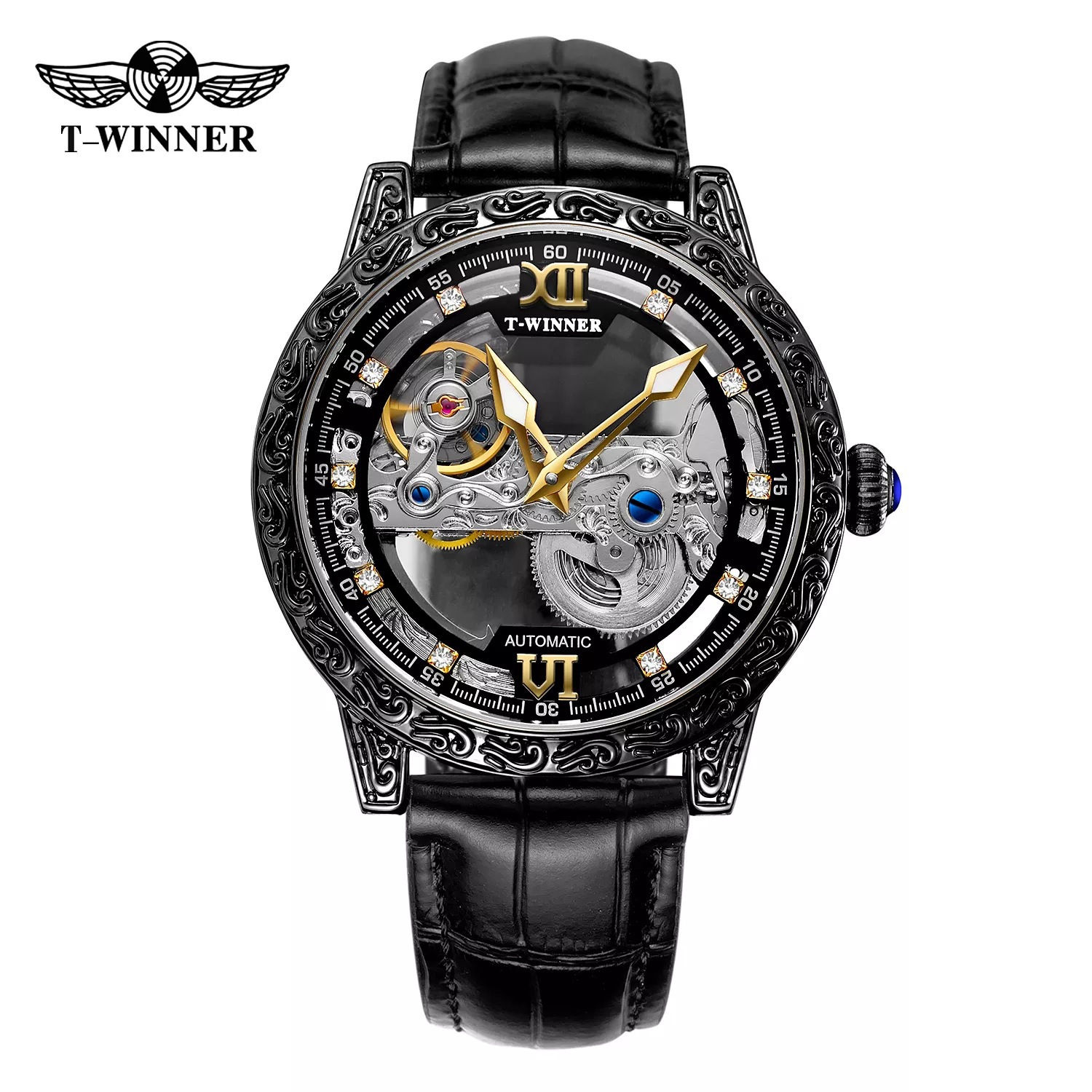 Ganador de estilo europeo de los hombres de moda retro tallado de ocio hueco movimiento mecánico reloj mecánico automático