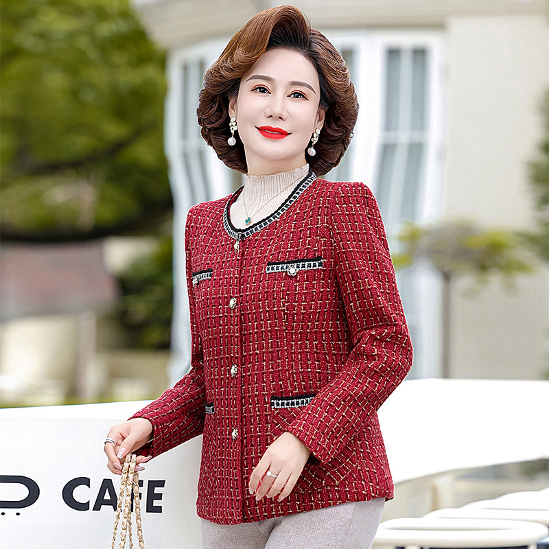 Mom spring wear 2024 New Chanel style top Western style Noble middle-aged and elderly women's spring and autumn plaid suit jacket Mom spring wear 2024 New Chanel style top Western style Noble middle-aged and elderly women's spring and autumn plaid suit jacket