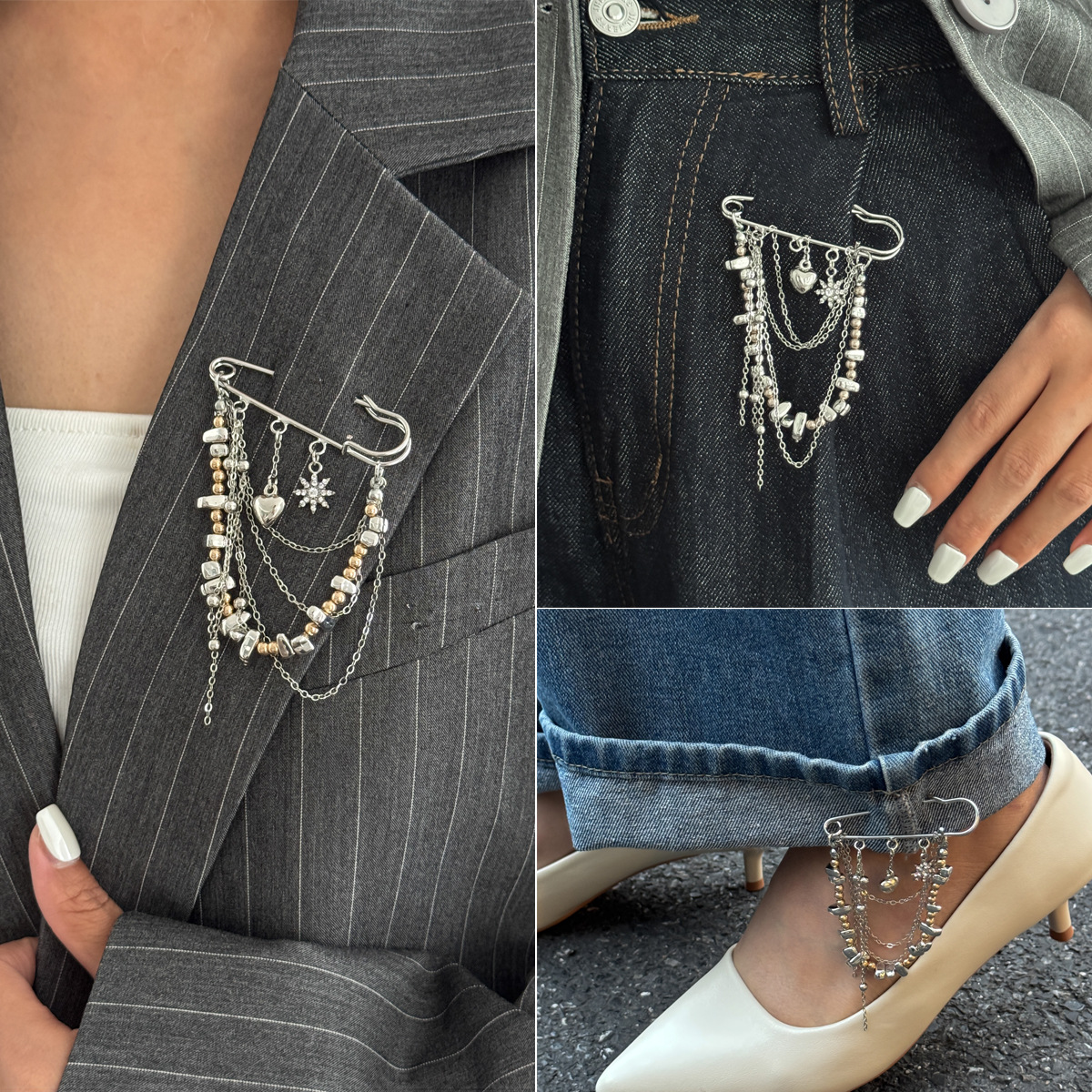 European and American Exaggerated Irregular Beaded Tassel Brooch Accessories Cross-Border Elegant Heart Pendant Multifunctional Pin Pants Chain