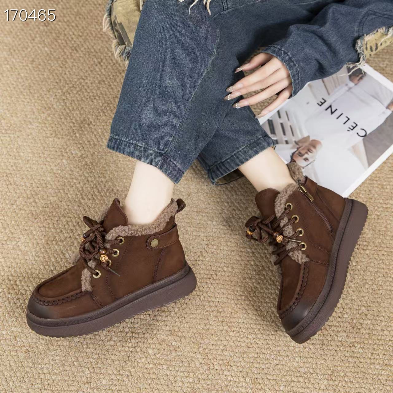 Boot nữ cổ cao ôm bắp chân mũi tròn đế dày phong cách Hàn Quốc — màu nâu, Cà phê sâu chi tiết 5