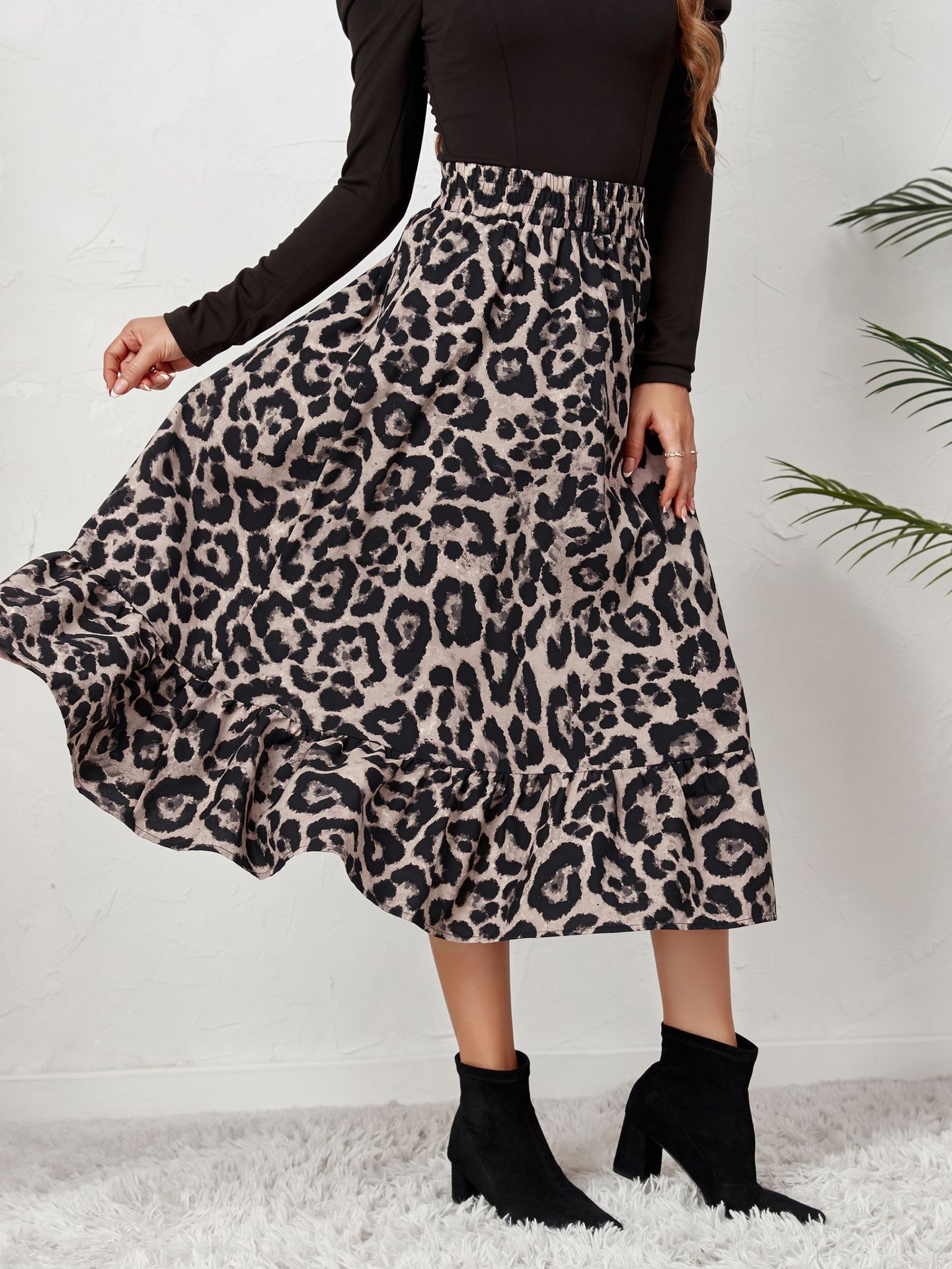 Leopard Print High Waist Loose Swing Skirt in Skirts