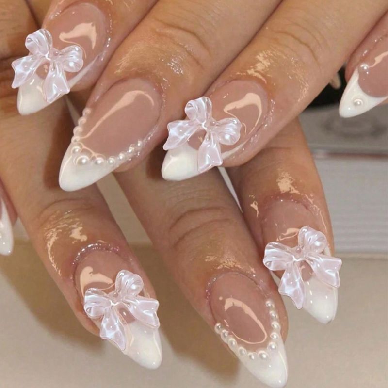 European and American Cross-Border French Wear Almond Nails Bow Sweet Fake Nails Finished Wear Nails Wholesale Nails