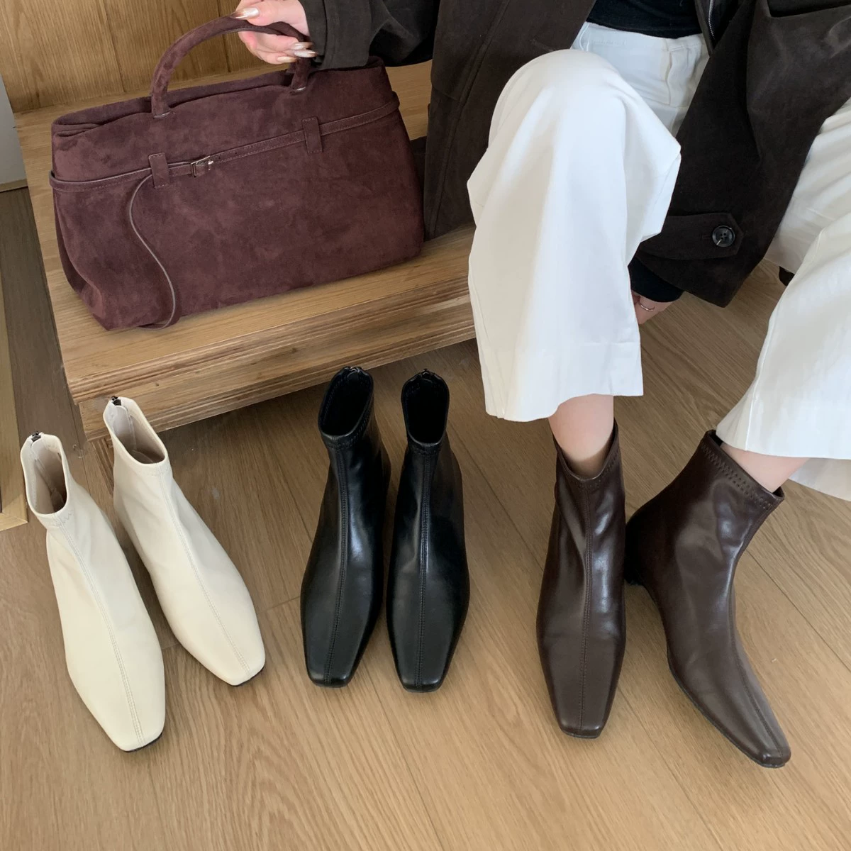 瘦瘦靴女黑色马丁靴秋冬短靴子女加绒 白色粗跟高跟短靴女