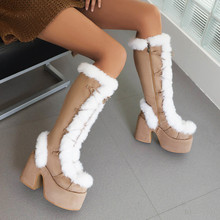 哥特Lolita歐美冬季女式雪地靴防水台高跟絨面女鞋毛絨保暖高筒靴