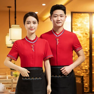 酒店餐饮服务员工作服夏装女中餐厅茶楼烧烤火锅饭店刺绣服装短袖