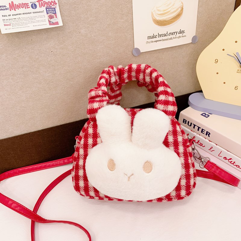 Bolsa de hombro coreana para niñas, lindo conejo blanco, bolso de moda a cuadros para bebés 2025 nuevo bolso de peluche para niños