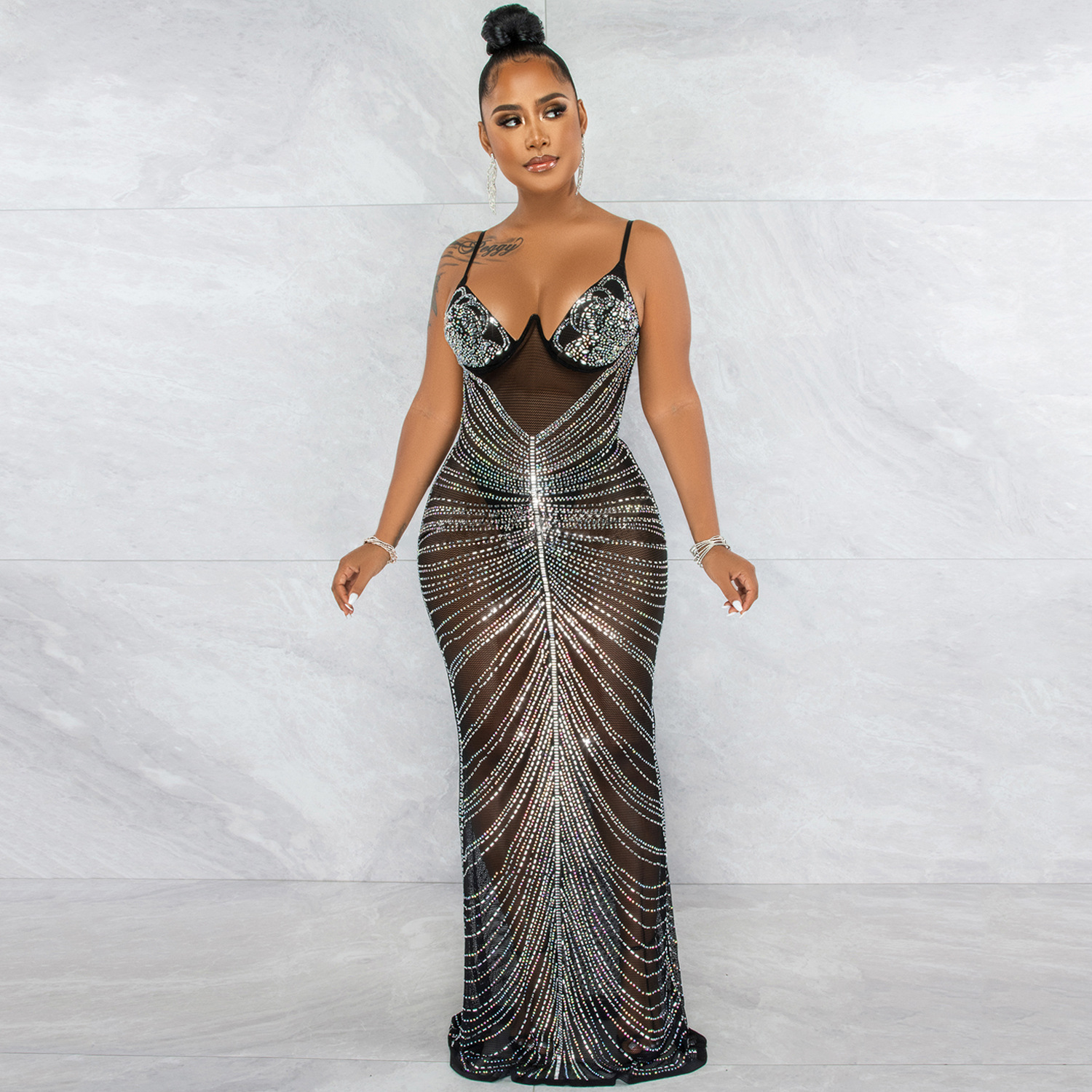 Hot Rhinestone Sling Wrapped Breast Mesh Perspective Prom Dress NSXYZ110907