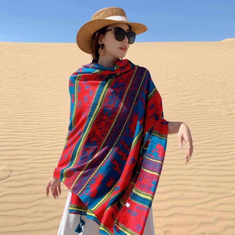 2023 nuevo estilo étnico retro viajes protector solar bufanda tótem impresión larga borla bufanda del Mantón del todo fósforo para las mujeres
