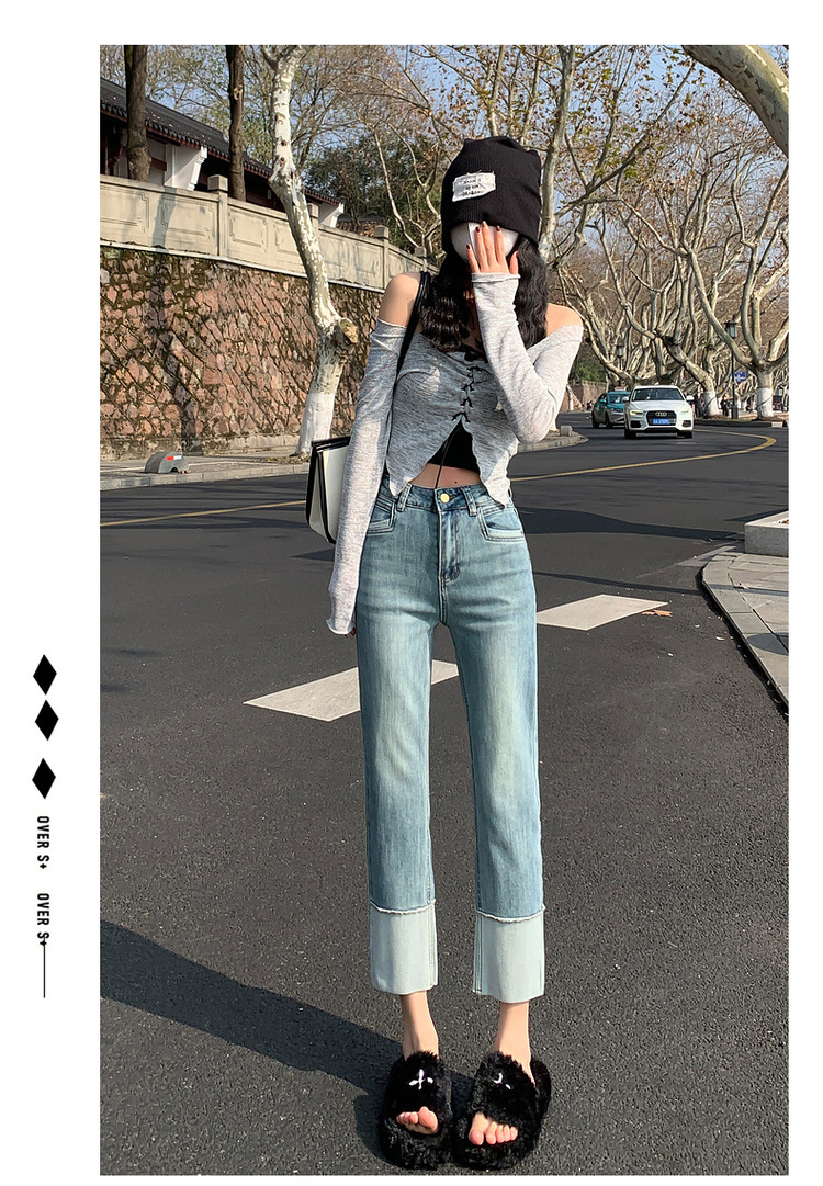 HEY+JEANS韩系翻边直筒裤女2023春季十三行高腰显瘦法棍九分裤详情4