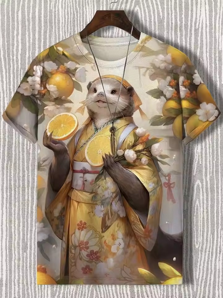 Tinta Jianghu Cat Dog Hero 3D Impresión digital Spot Moda callejera para hombres Camiseta de manga corta con cuello redondo y hombro