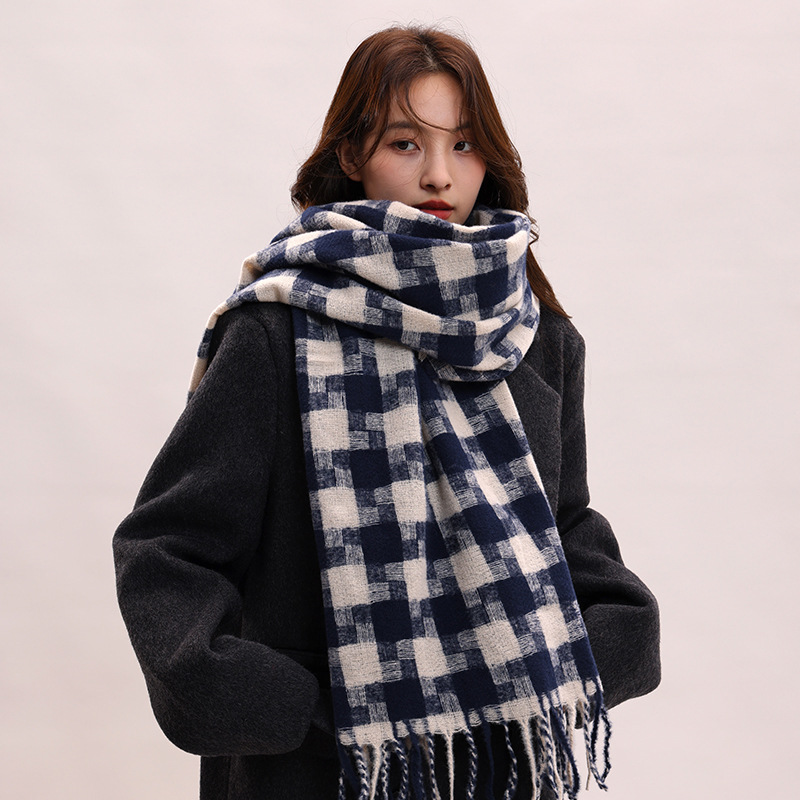 Sciarpa a quadri da donna autunno inverno sensazione avanzata spessa e calda collo frangia versatile studente moda INS_voghion.com