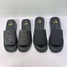 针织带厚底坡跟凉拖女新款跨境大码时尚休闲松糕底一字拖外穿拖鞋