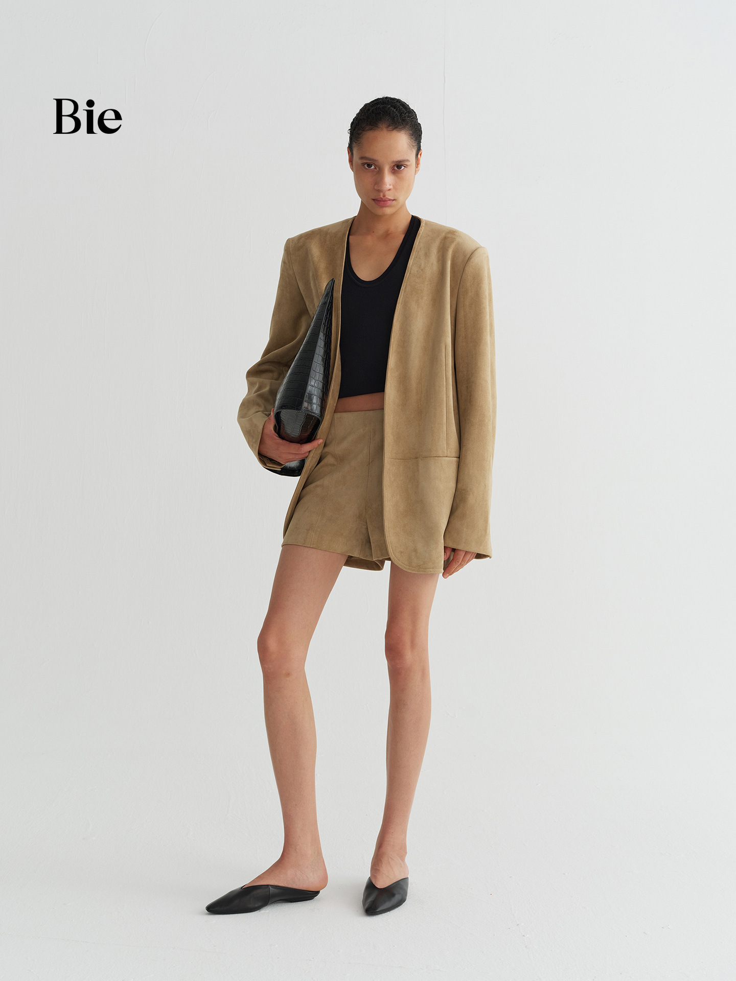 Biebe Maillard suede collarless blazer for women, high-end autumn loose-fitting shoulder-padded silhouette suit