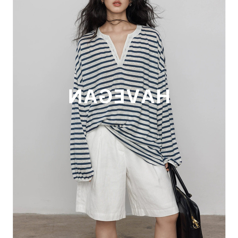 Designed V-Neck Linen Striped Long-Sleeved T-Shirt for Women, Summer Sun Protection Thin Vacation Style Top