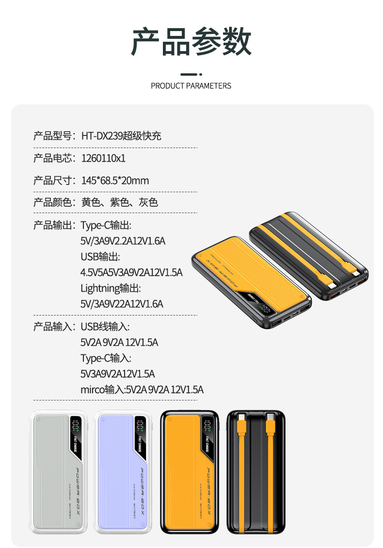Toplu Satış Taşınabilir Şarj Cihazı 20000mAh Süper Hızlı Şarj Yerleşik Kablolu Powerbank Hediye Logo Baskılı