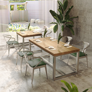 Industrial Style Restaurant Wrought Iron Solid Wood Dining Table and Chairs Catering Fast Food Snack Bar Commercial Hotel Rectangular Retro Table