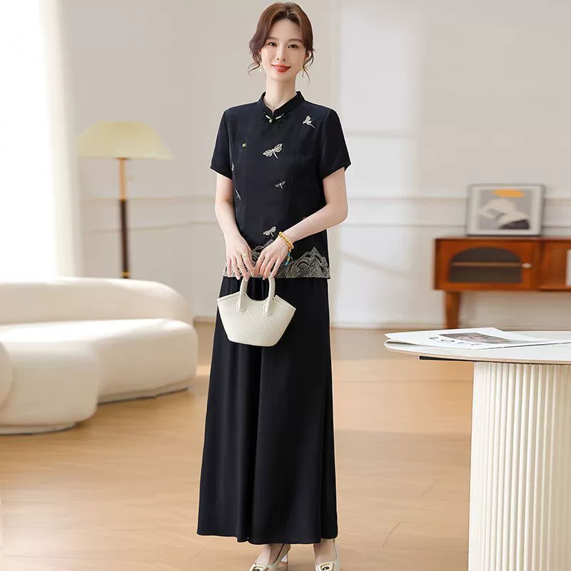 Летние модные топы и юбки в стиле ретро для мам, костюмы для женщин среднего и пожилого возраста, новый летний комплект из двух предметов в китайском стиле с короткими рукавами