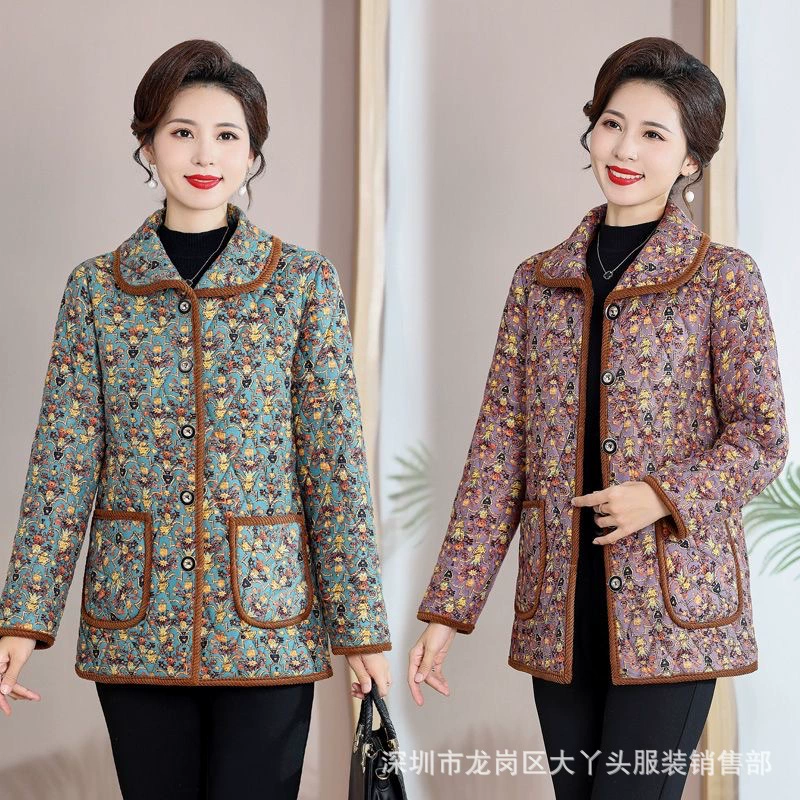 Женская хлопковая стеганая куртка с цветочным принтом для женщин среднего и старшего возраста, большого размера, хлопковое пальто в стиле "бабушки", кардиган с флисовой подкладкой, хлопковое стеганое пальто с цветочным принтом, средней длины.