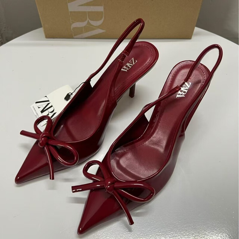 Za New High-Heeled Shoes Autumn and Winter 2024 French Red Lacquer Bow-Decorated Fashion Shallow Sandals for Women Commuting Women