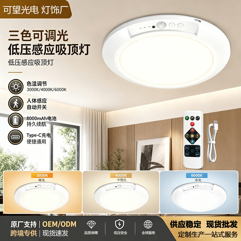 Cross-Border Popular Led Night Light, Round Rechargeable Low-Voltage Infrared Human Body Sensor Ceiling Light for Dormitory Corridors