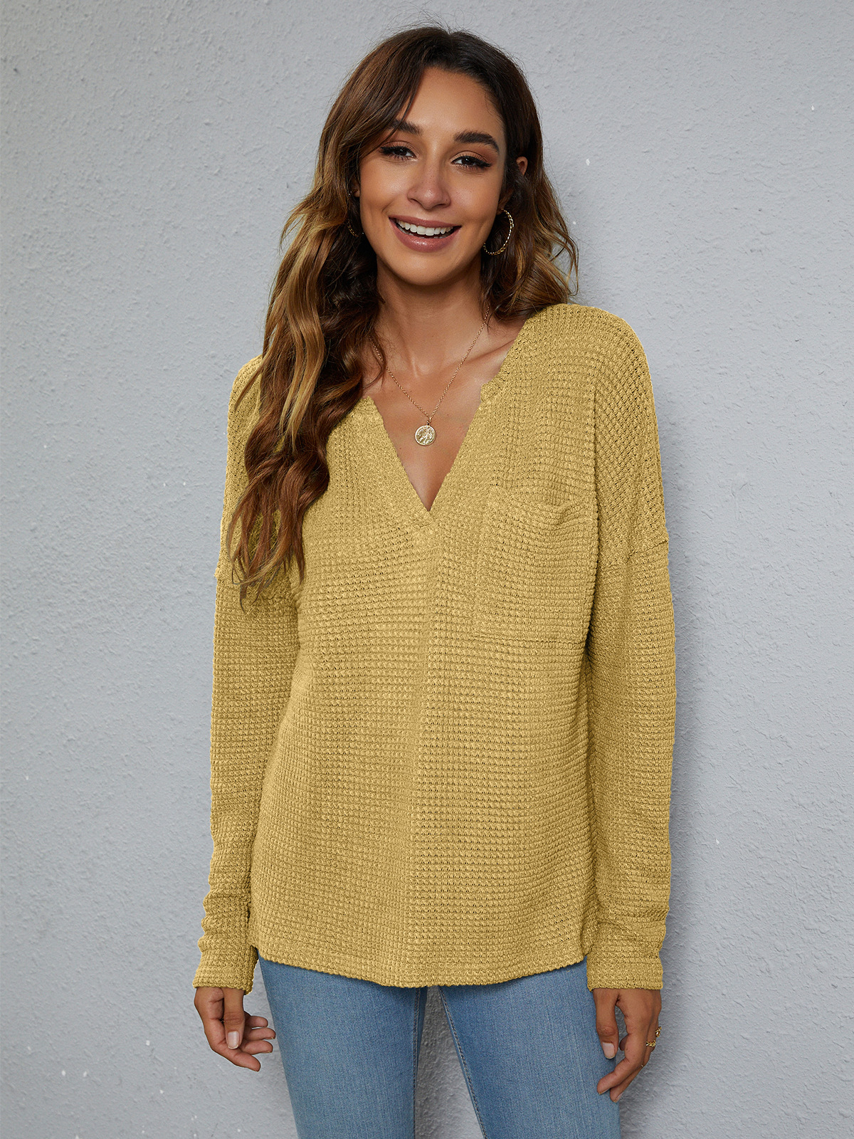 Damen Herbst und Winter neuer Damen-Pullover mit Schlitz vorne, kurzer Rückseite, lang, lässig, V-Ausschnitt, Tasche, langärmelig_voghion.com