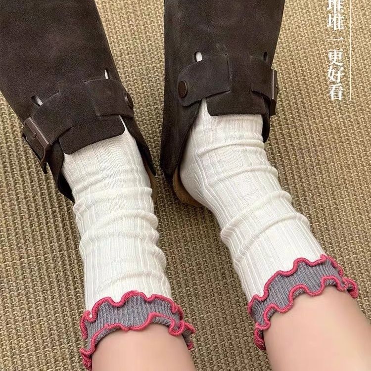 撞色木耳边袜子女日系复古甜美拼色双层罗口纯棉卷边中筒袜百搭|undefined