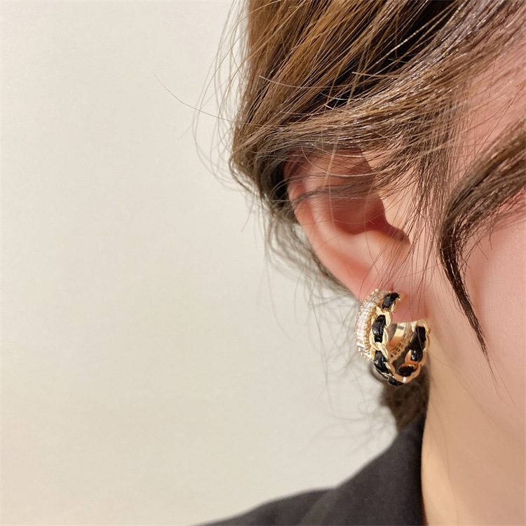 Fashion Zircon Leather C-shaped Double-layer Design Alloy Earrings display picture 5