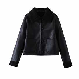 欧美跨境女装女式皮扣袢黑色短款人造皮革棉外套