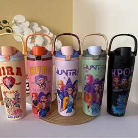 亚马逊新款卡通图片双层真空保温杯大容量提手水果杯户外便携弹跳