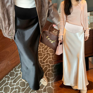 Pregnant Women's Skirt Spring and Autumn Outer Wear Acetic Acid Satin Fishtail Skirt High Waist Slimming Belly-supporting A- length Skirt