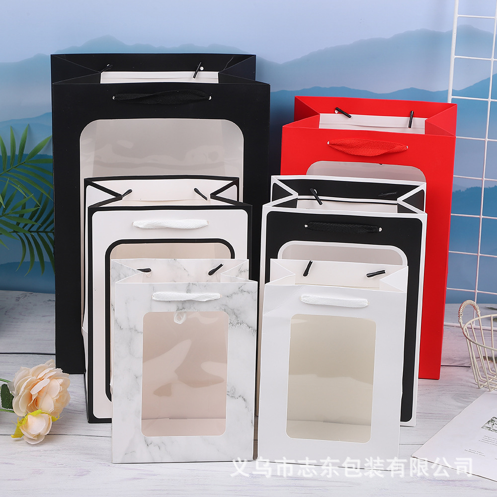 厂家批发透明橱窗袋七夕节鲜花礼品包装礼袋 开窗礼物手提包装袋