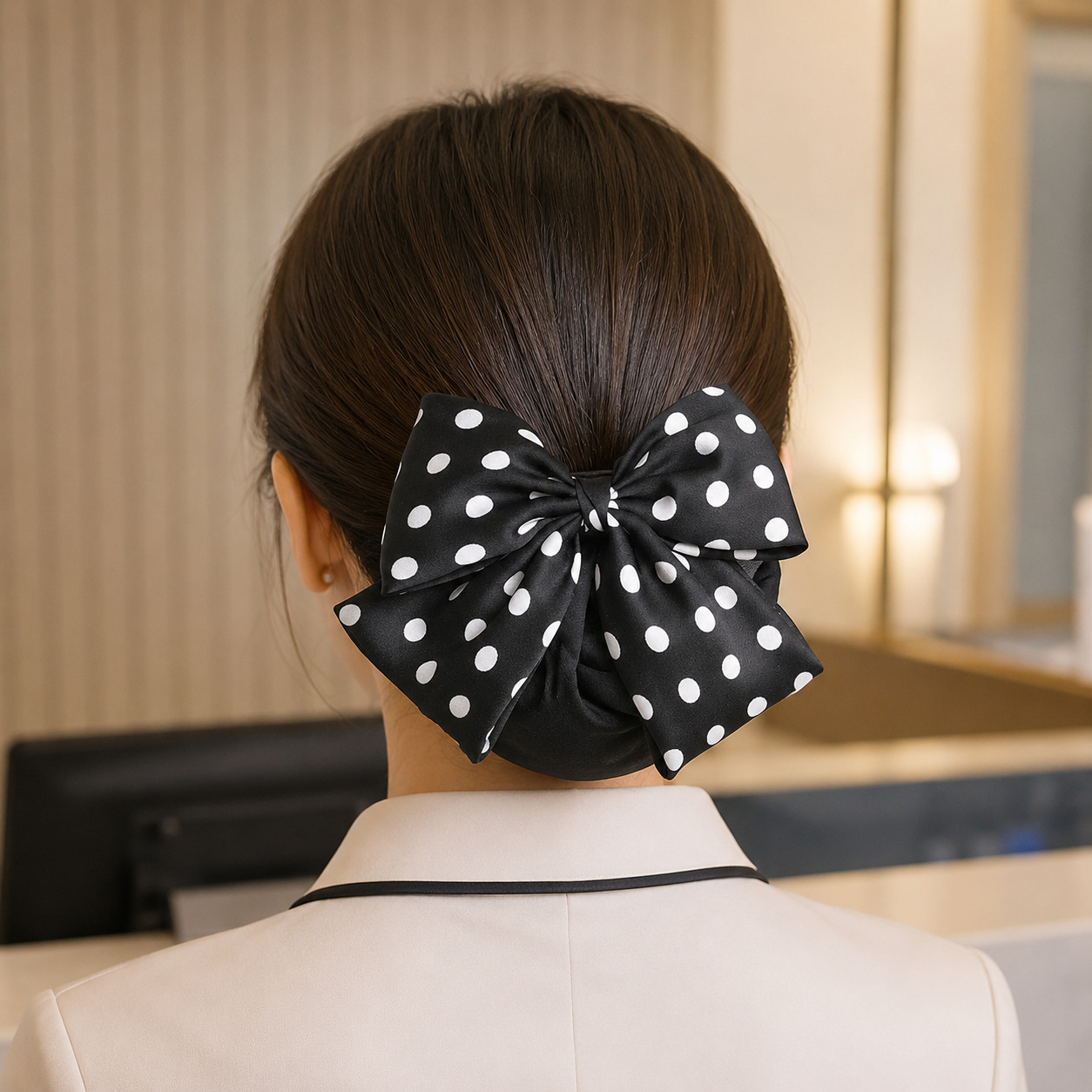 Professional Black and White Polka Dot Bow Hair Accessory Fabric Hair Clip Decoration, Fashionable Versatile High-Elastic Hair Ornament for the Back of the Head